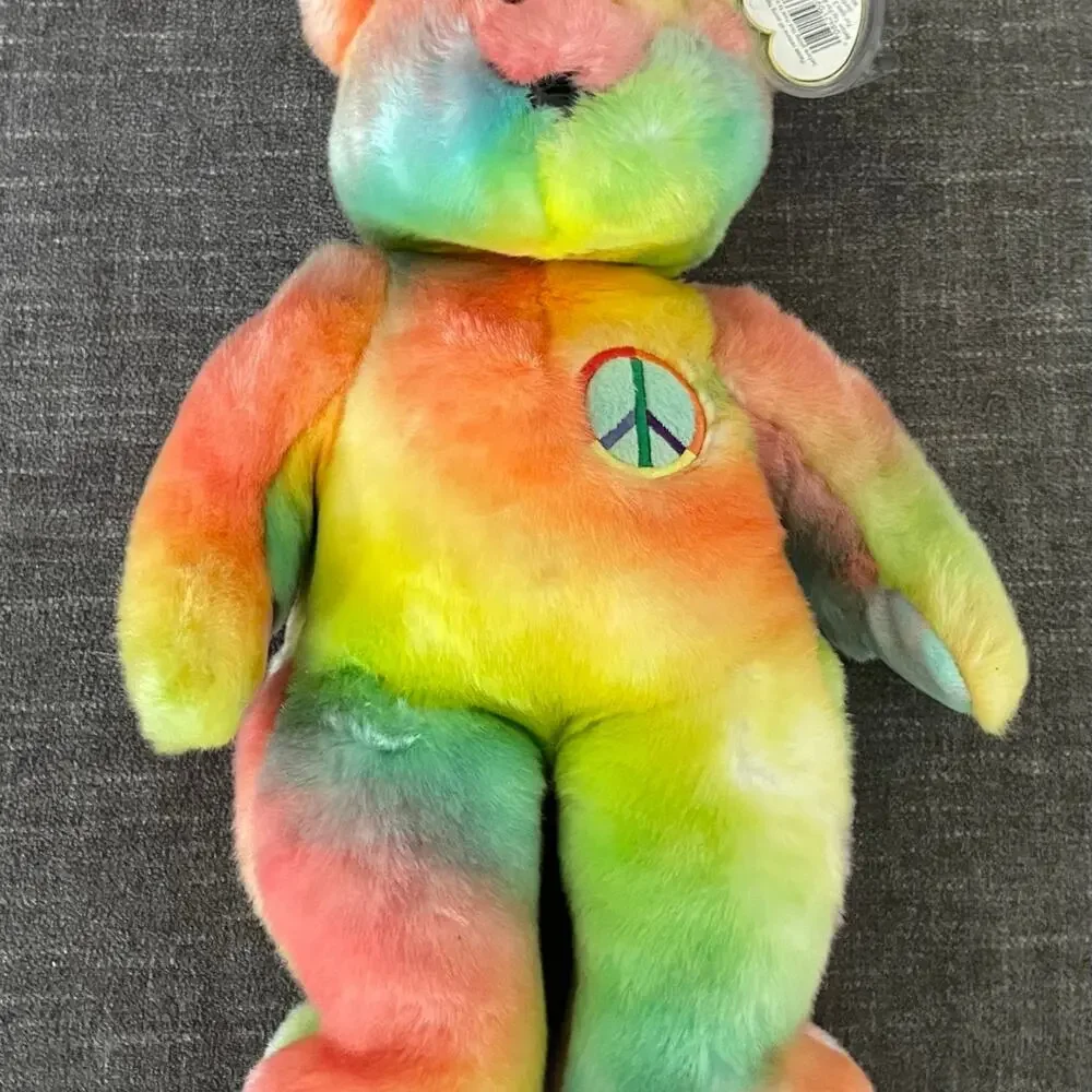 Beanie Buddy Peace Bear Ty Tie Dye Tye Dye Rainbow with original Tag Super‎ Soft